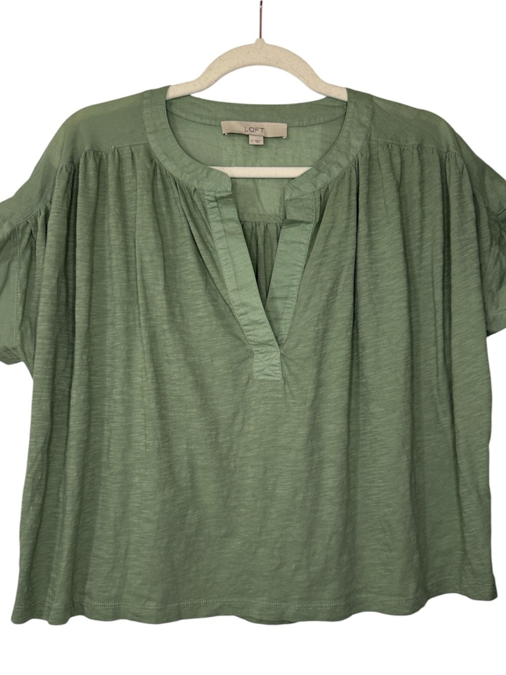 LOFT Sage Green Cotton Split-Neck Short Sleeve Tunic Size Small